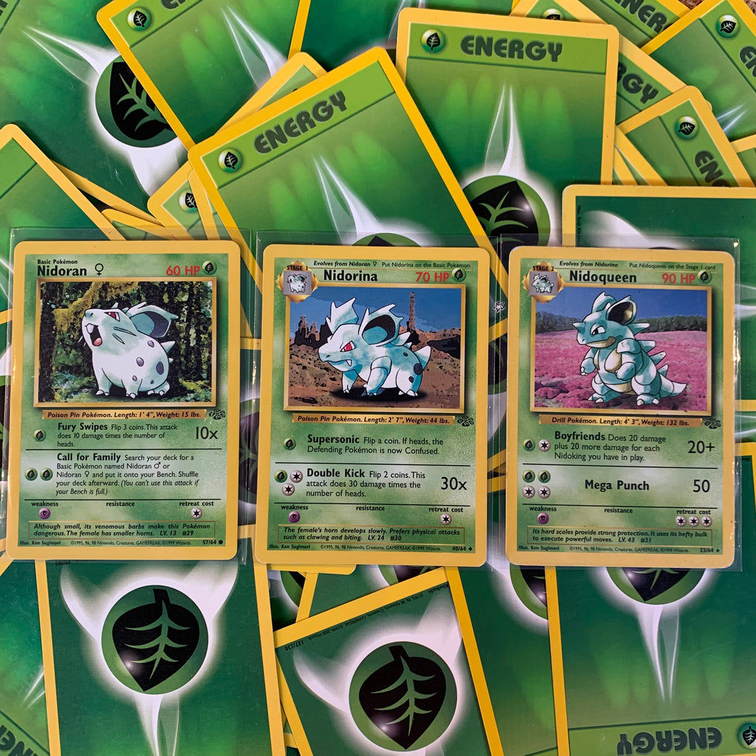 Pokemon Evolution Trio 'Nidoran Common 57/64, Nidorina Uncommon 40/64, Nidoqueen Rare 23/64' (Jungle Set)